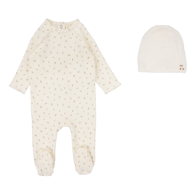 Lilette Cherry Print Footie & Hat - Cream/Pink