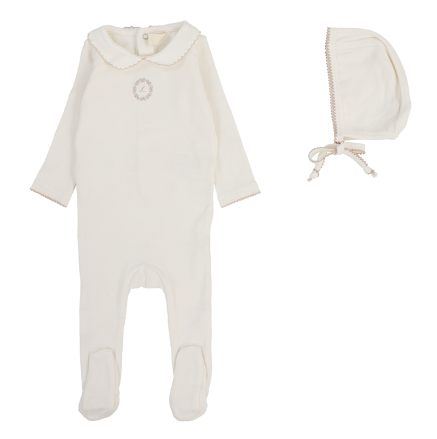 Lilette Emblem Embroidered Footie & Hat- Cream/Pink