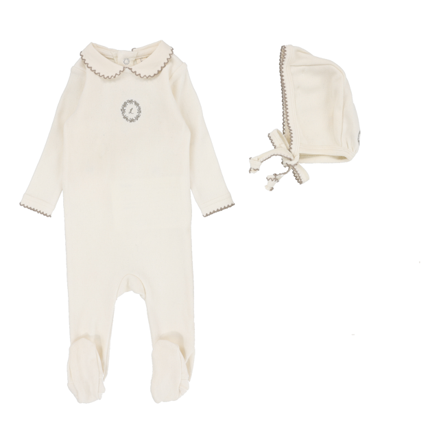 Lilette Emblem Embroidered Footie & Hat- Cream/Oat