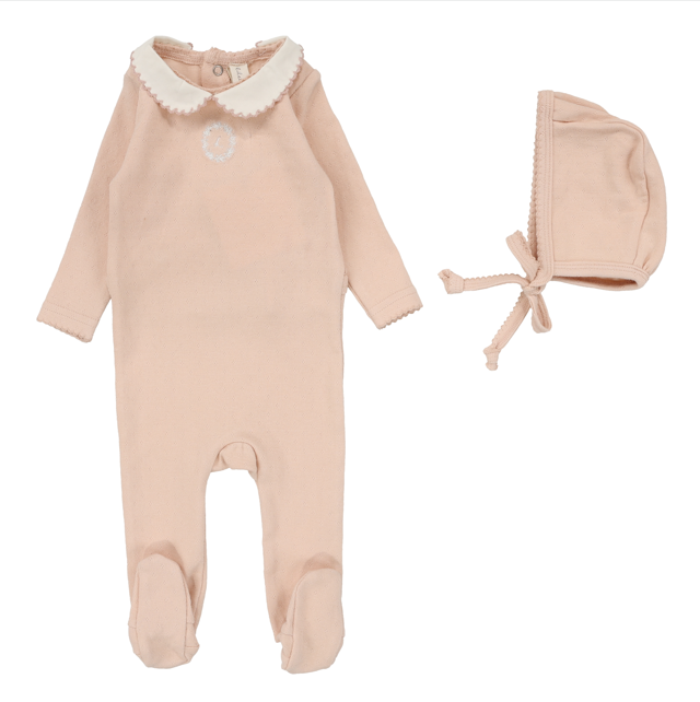 Lilette Emblem Embroidered Footie & Hat - Dusty Pink