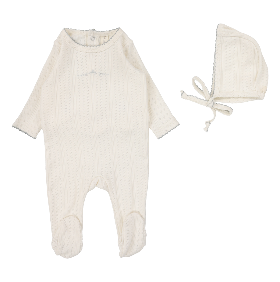 Lilette Pointelle Graphic Footie & Hat - Cream/Blue Crown