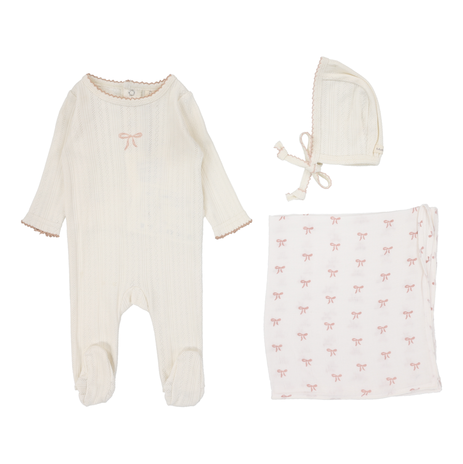 Lilette Pointelle Graphic Layette Set - Cream/Pink Bow
