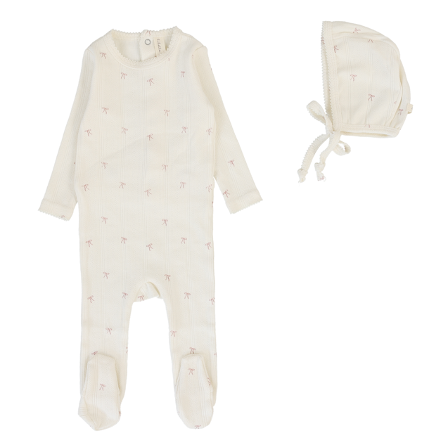 Lilette Printed Pointelle Footie & Hat AW25 - Cream/Pink Bow