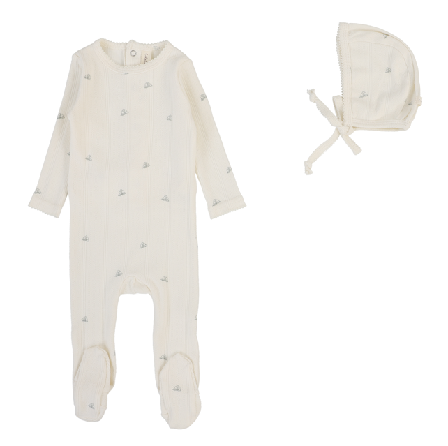 Lilette Printed Pointelle Footie & Hat AW25 - Cream/Blue Crown
