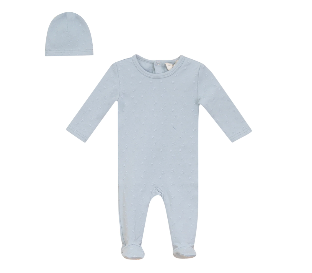 Bebe Bella Puff Print Footie & Hat - Blue Mist