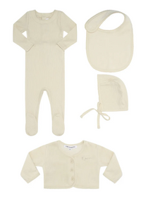 Little Parni Ribbed Footie, Velour Cardigan, Bib & Hat Set