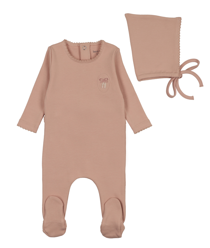Bee & Dee Raised Embroidery Footie & Bonnet- Hushed Pink
