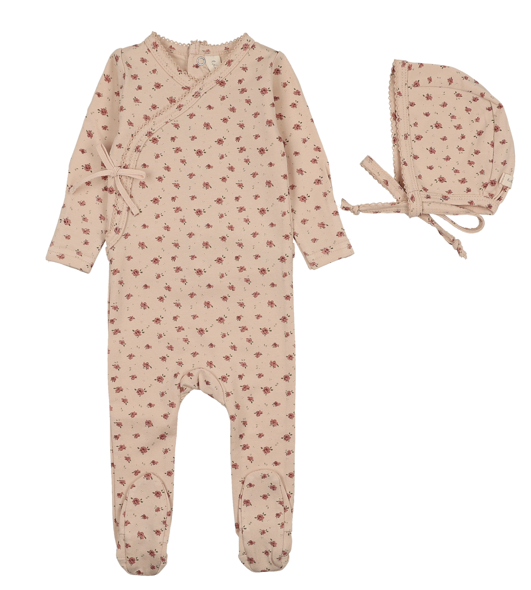 Lilette Printed Wrapover Footie & Hat - Petal
