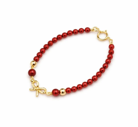 Crystal Dream Dainty Golden Bow With Red Beads Bracelet