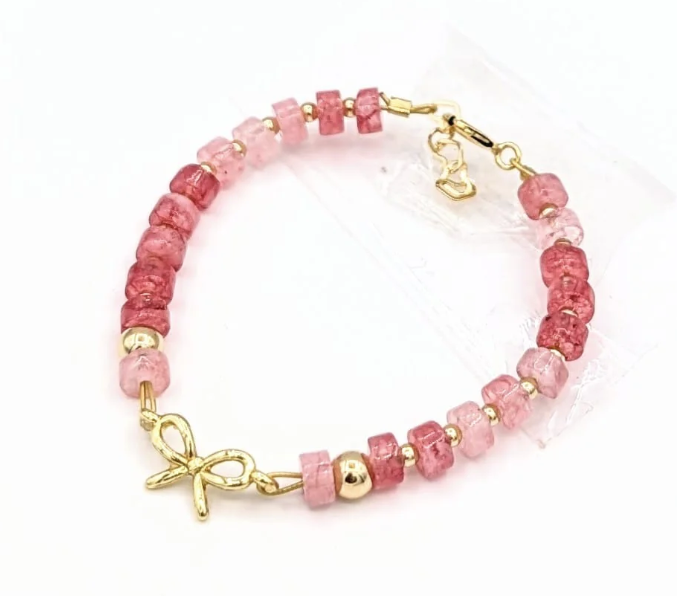Crystal Dream Dainty Golden Bow With Pink Shaded Beads Bracelet