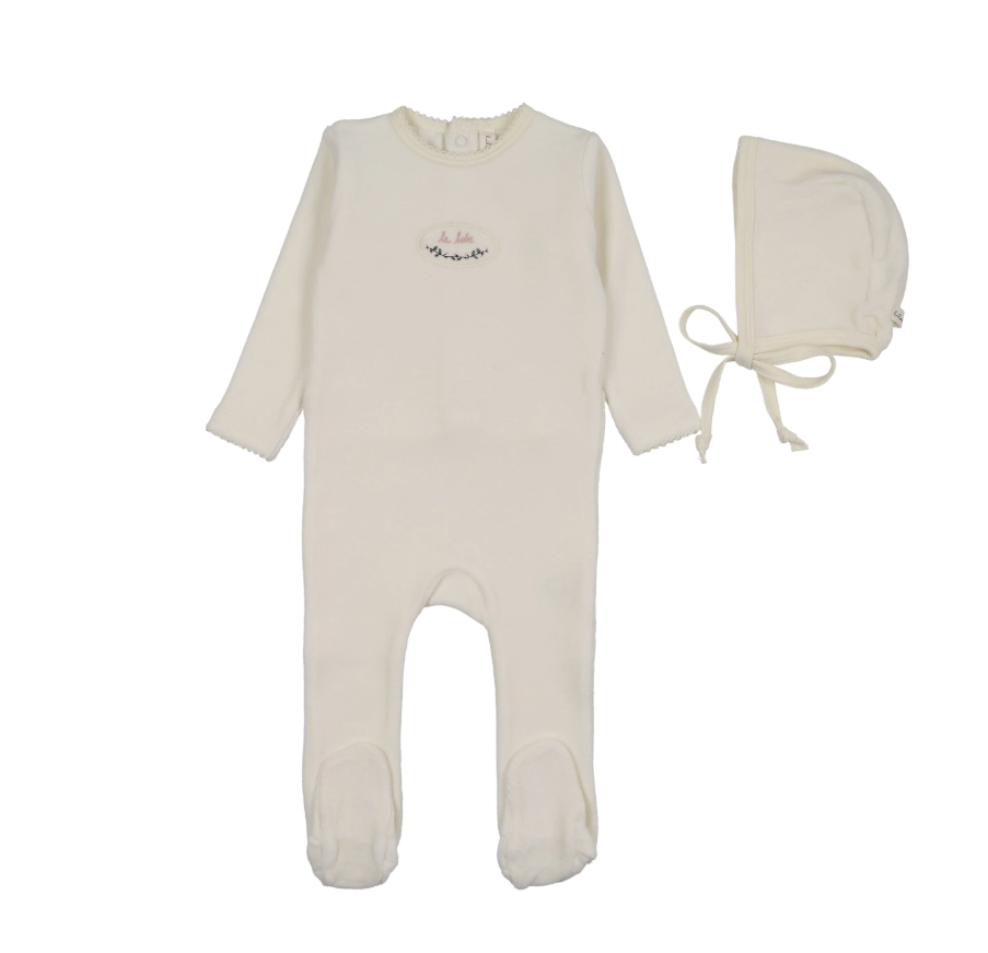 Lilette Velour Patch Footie & Hat - Cream/Pink
