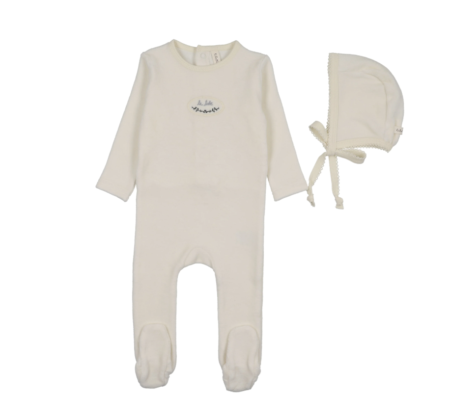 Lilette Velour Patch Footie & Hat - Cream/Blue