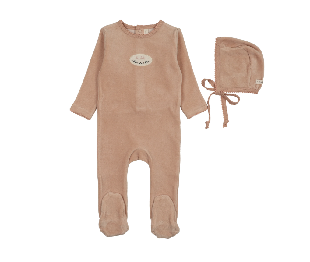 Lilette Velour Patch Footie & Hat - Dusty Pink