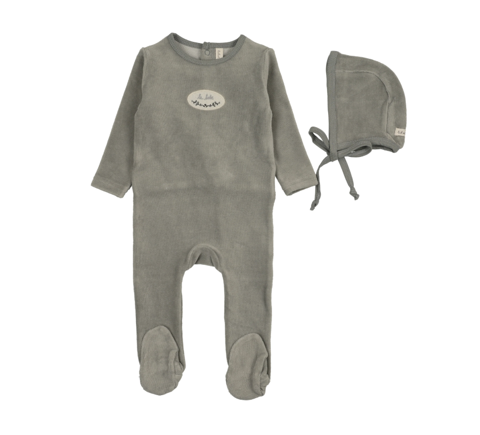 Lilette Velour Patch Footie & Hat - Light Blue
