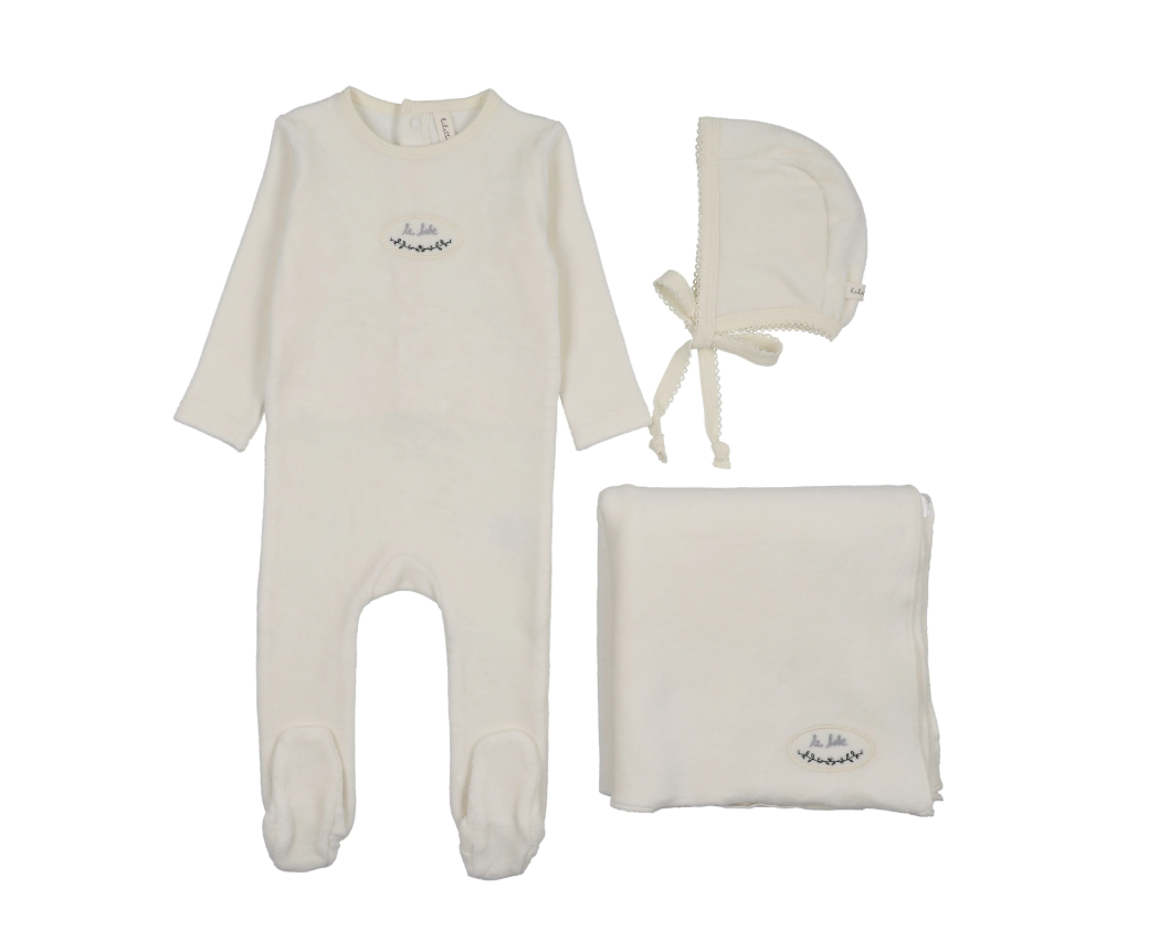 Lilette Velour Patch Layette Set - Cream/Blue