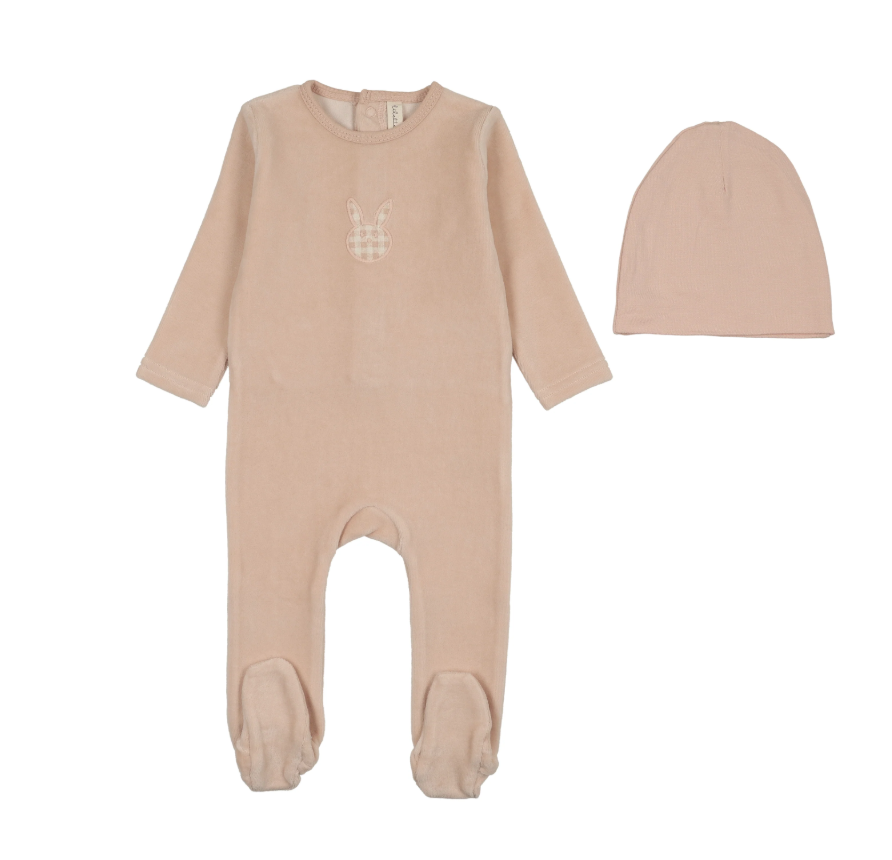 Lilette Velour Gingham Bunny Footie & Hat - Pale Pink