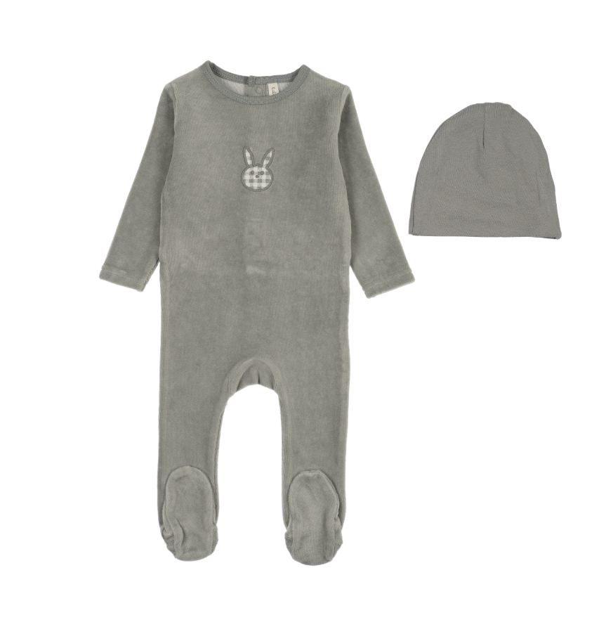 Lilette Velour Gingham Bunny Footie & Hat - Pale Blue