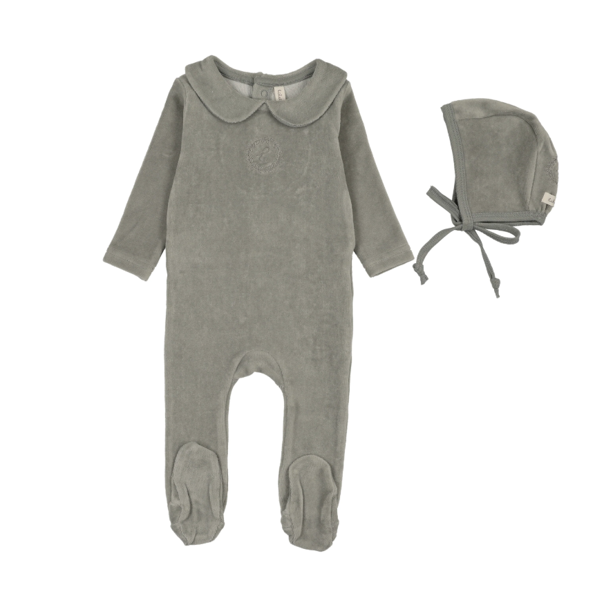 Lilette Velour Crest Emblem Footie & Hat - Light Blue