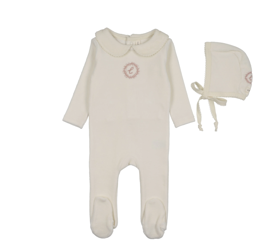 Lilette Velour Crest Emblem Footie & Hat - Cream/Pink