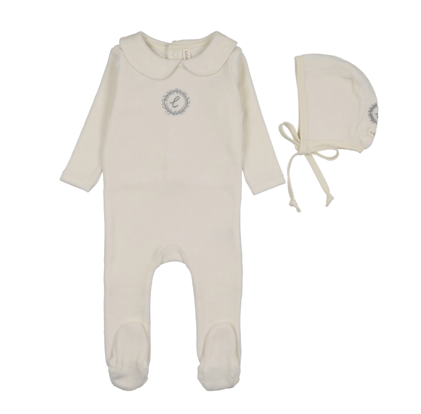Lilette Velour Crest Emblem Footie & Hat - Cream/Blue