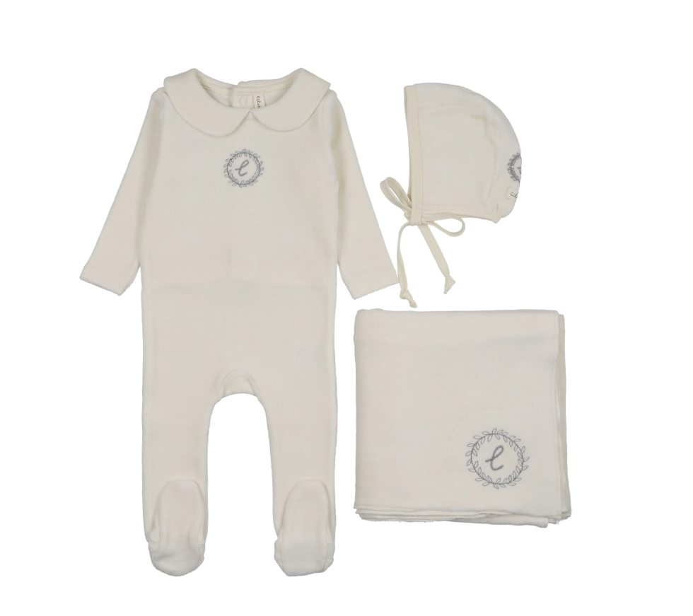 Lilette Velour Crest Emblem Layette Set - Cream/Blue