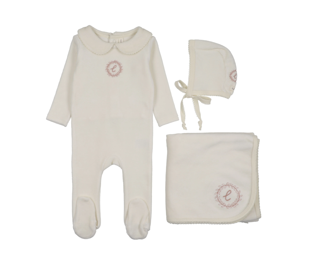 Lilette Velour Crest Emblem Layette Set - Cream/Pink