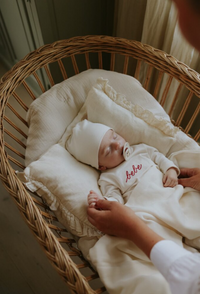 Mema Knits French Terry Embroidered Bebe Footie & Beanie - Ivory/Rosewood