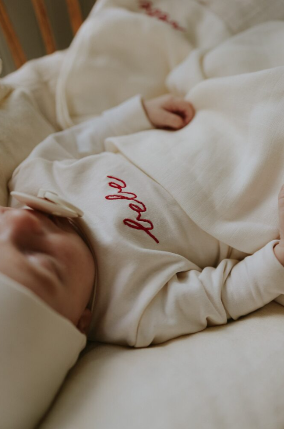 Mema Knits French Terry Embroidered Bebe Footie & Beanie - Ivory/Rosewood