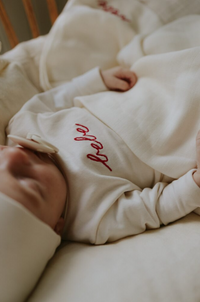 Mema Knits French Terry Embroidered Bebe Footie & Beanie - Ivory/Rosewood