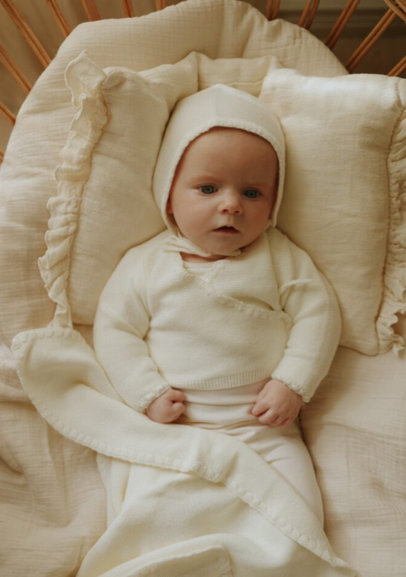 Mema Knits Embroidered Edge Knit Footie, Sweater & Bonnet - Ivory