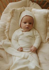 Mema Knits Embroidered Edge Knit Footie, Sweater & Bonnet - Ivory
