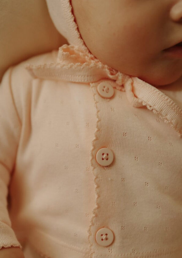 Mema Knits Pointelle Footie, Cardigan & Bonnet - Pale Pink