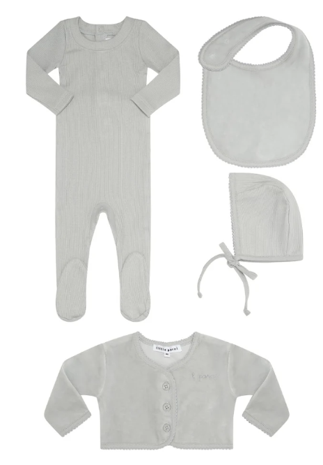Little Parni Ribbed Footie, Velour Cardigan, Bib & Hat Set
