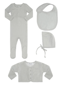 Little Parni Ribbed Footie, Velour Cardigan, Bib & Hat Set