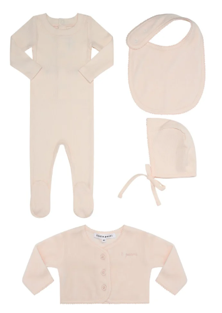Little Parni Ribbed Footie, Velour Cardigan, Bib & Hat Set