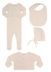 Little Parni Ribbed Footie, Velour Cardigan, Bib & Hat Set