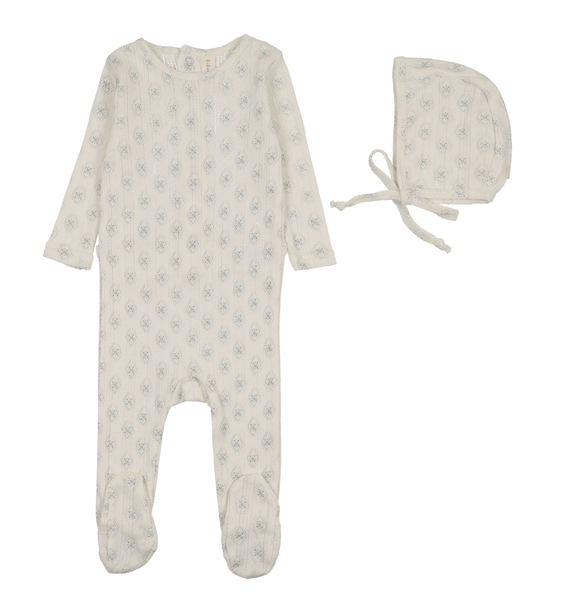 Lilette Geo Floral Printed Footie & Hat - Cream/Blue