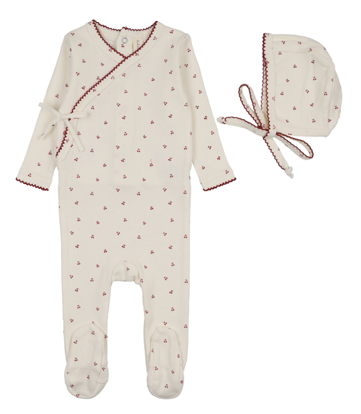 Lilette Cherry Scallop Footie & Hat - Cream/Pink