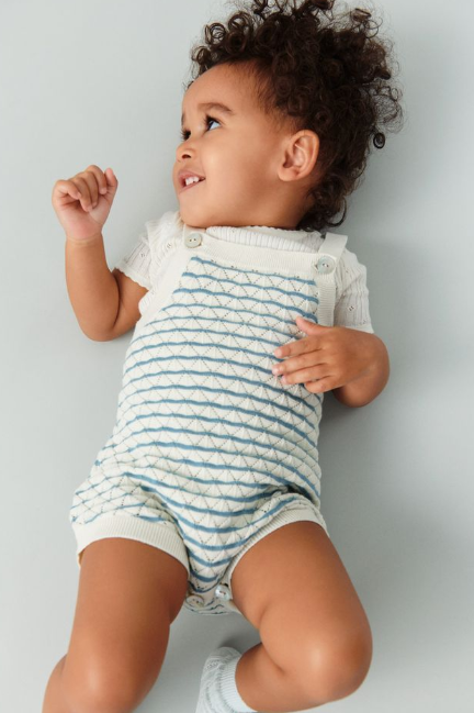 FUB Pointelle Striped Romper - ecru/sea