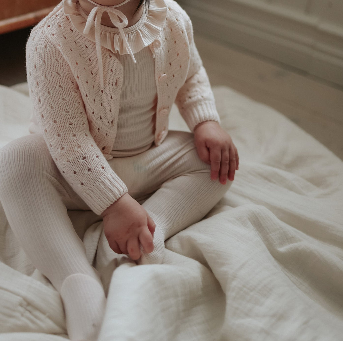Mema Knits Rib Ruffle Collar Footie, Pointelle Knit Cardigan & Bonnet - Light Pink