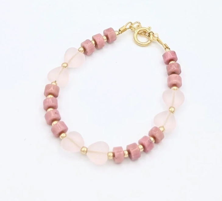 Crystal Dream Mauve & Gold Beads With Pink Hearts Bracelet