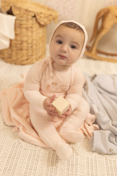 Bee & Dee All Things Baby Velour Footie & Bonnet - Sand Pink
