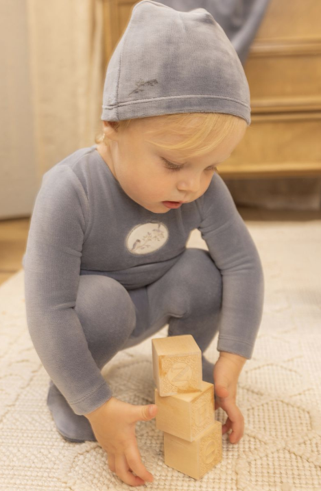 Bee & Dee Birdie Branch Velour Footie & Beanie - Indigo