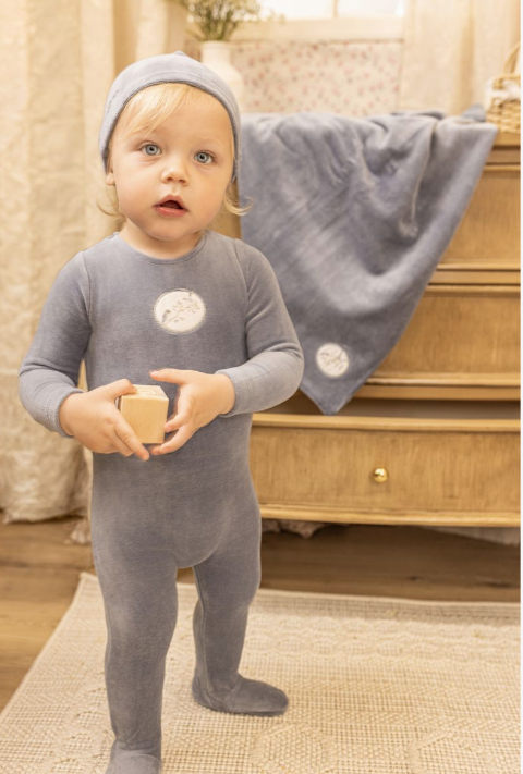 Bee & Dee Birdie Branch Velour Footie & Beanie - Indigo