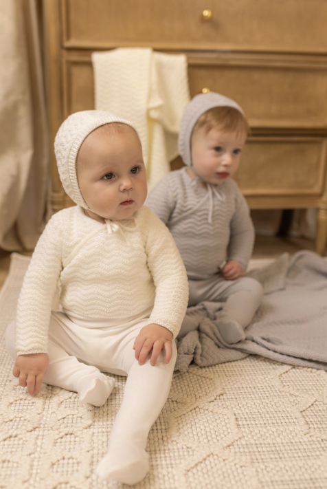 Bee & Dee Herringbone Cardigan Footie & Hat - Chalk White