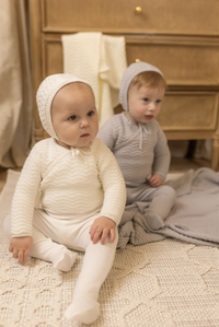 Bee & Dee Herringbone Cardigan Footie & Hat - Chalk White