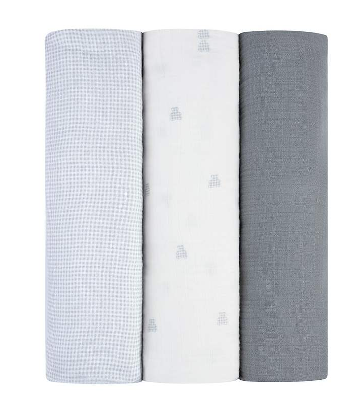 Elys & Co Gingham Bear 3 Pack Muslin Swaddles - Blue