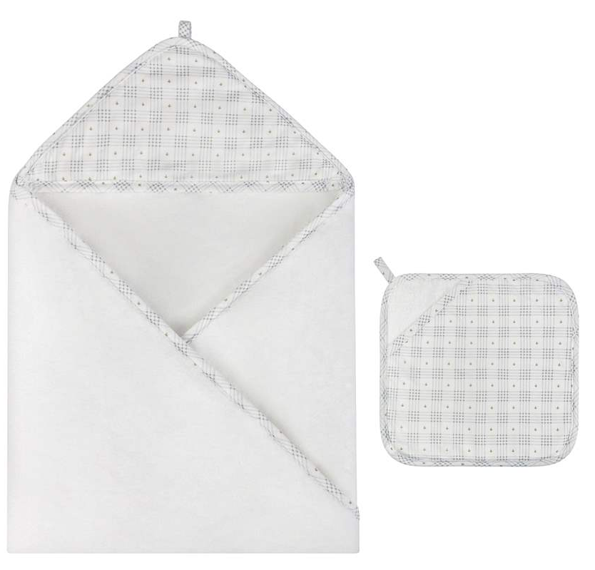 Elys & Co Floral Plaid Hooded Towel & Wash Cloth - Blue
