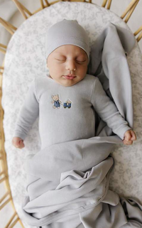 Aurora Embroidered Bear Footie & Beanie - Blue