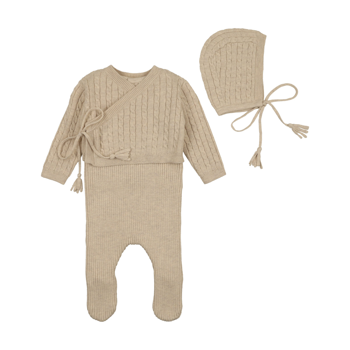 Bee & Dee Soft Cable Knit Footie, Cardi & Hat Set - Oat